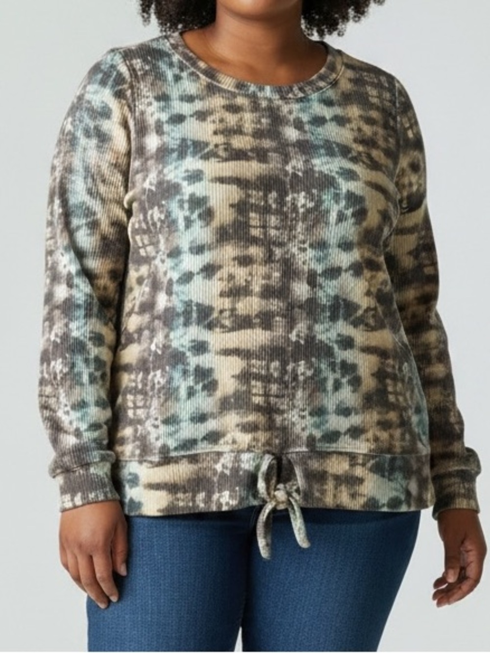 French Laundry Size 1X Tie-Dye Crewneck Pullover with Front Tie